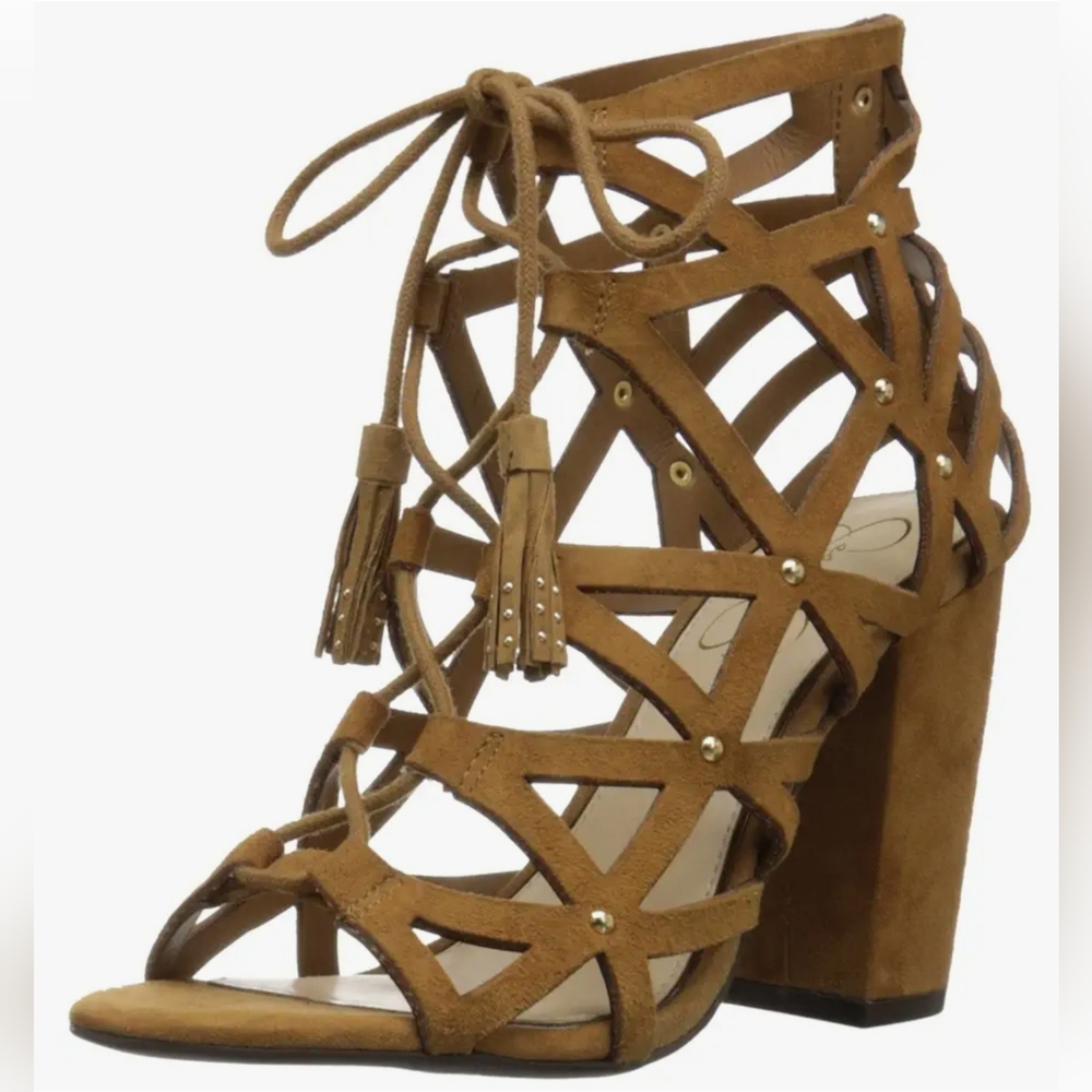 Jessica Simpson Kariba Suede Cage Block Heel Gladiator Sandals Tan Brown Sz 7